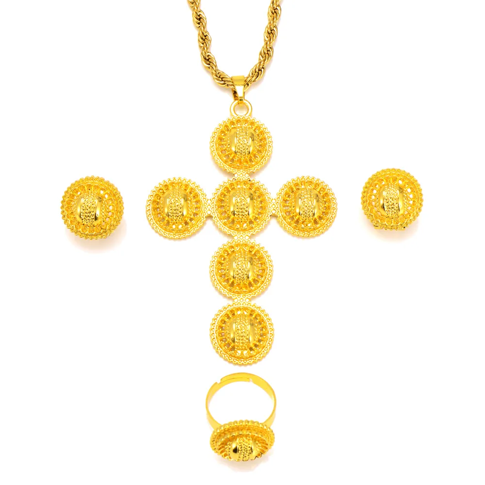 Hög kvalitet 24 k fin solid guldfyllda halsband örhängen ring storskalig kors hängande smycken sätter kvinnor