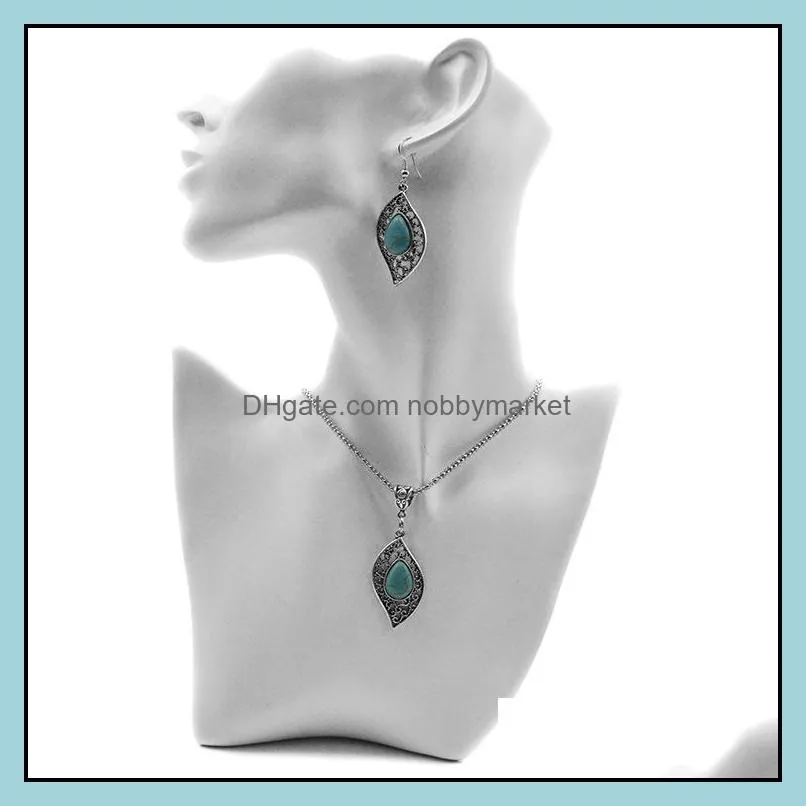 Fashion Turquoise jewelry necklace earrings set Antique Silver leaves Turquoise Pendant necklaces+earring jewelry 2pcs Set for women