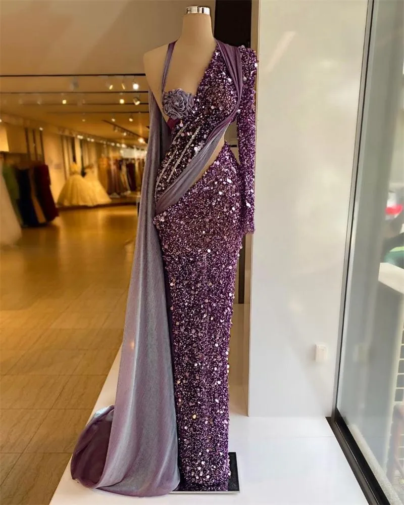 Purple Sequined Mermaid Evening Dresses Beads Halter One Shoulder Long Sleeves Prom Dress With Wrap Formal Party Gowns Custom Made Robe de mariée