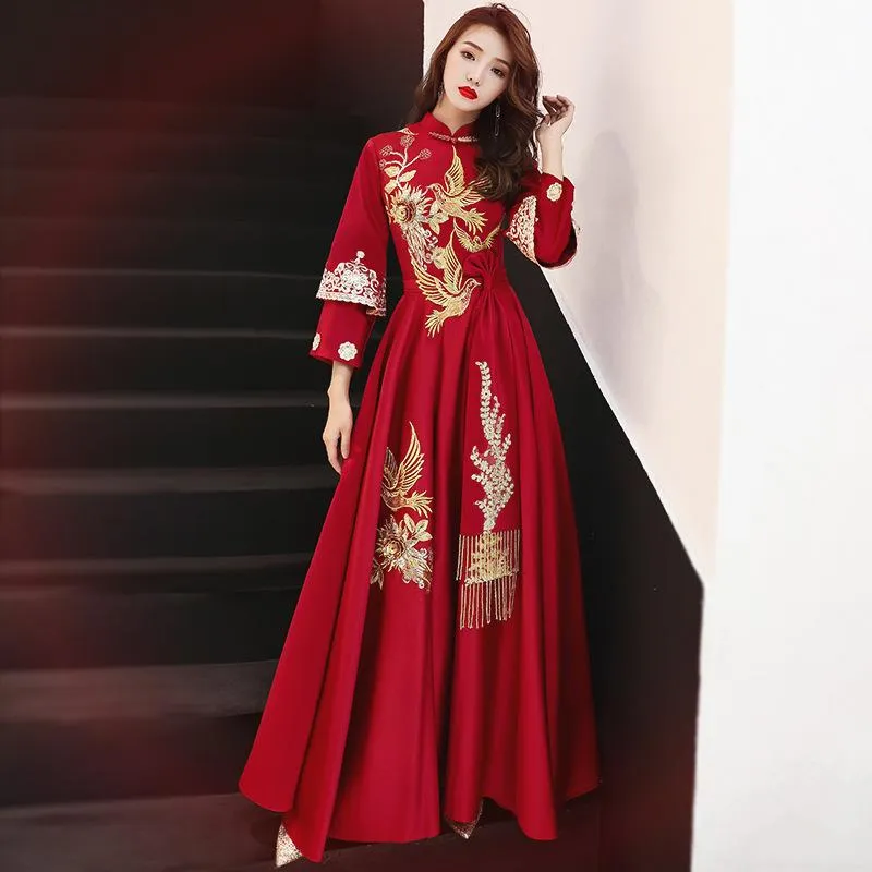 Odzież Etniczna Chiński Tradycyjny Haft Długie Cheongsam Sukienka Vestidos Chinos Oriental Qipao Suknie Wieczorowe Classic Size S-XXL