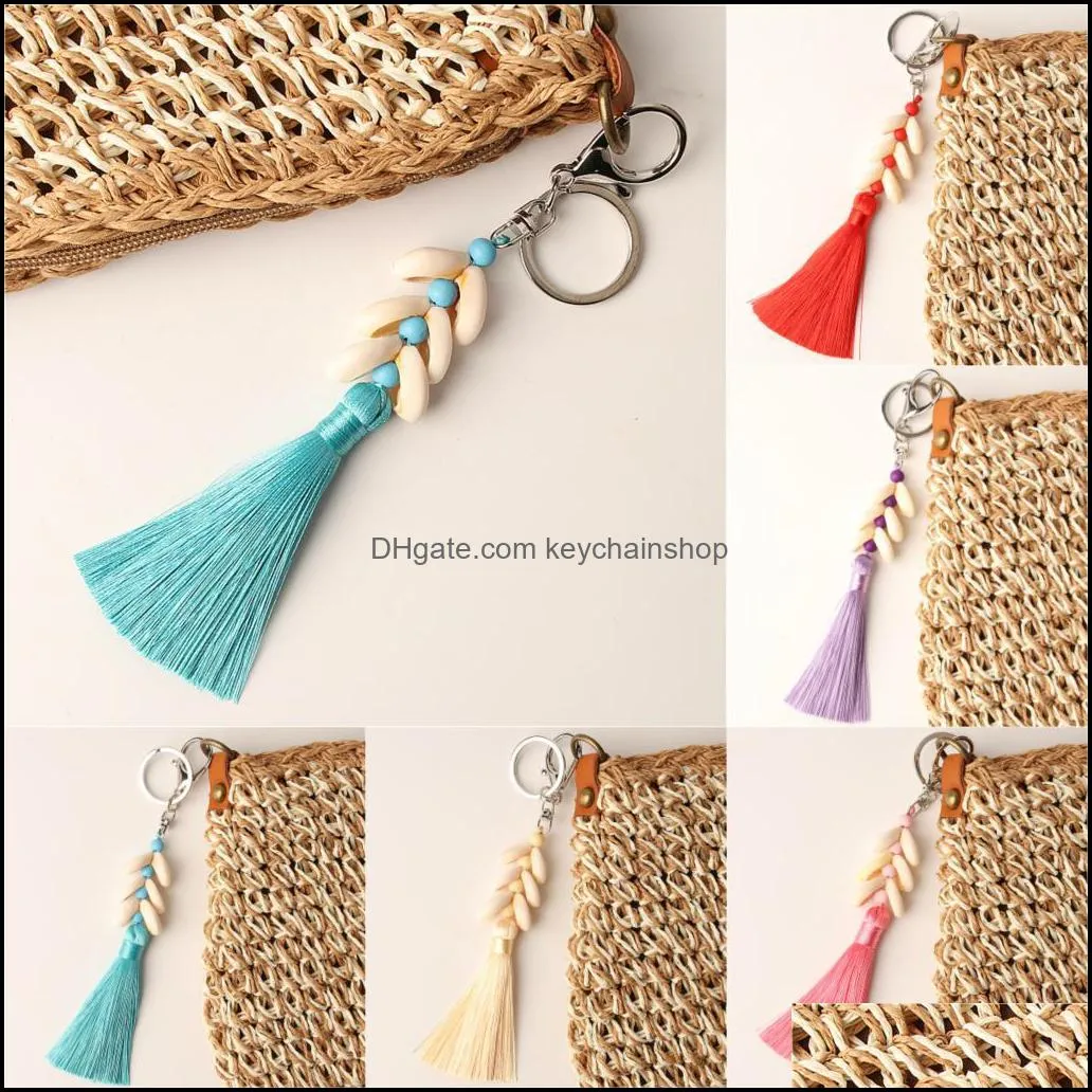 1Pc Boho Style Colorful Keychain Shandmade Shell With Long Tassel Alloy Keyring For Women Girl Bag Accessories Gift E2281-E2285