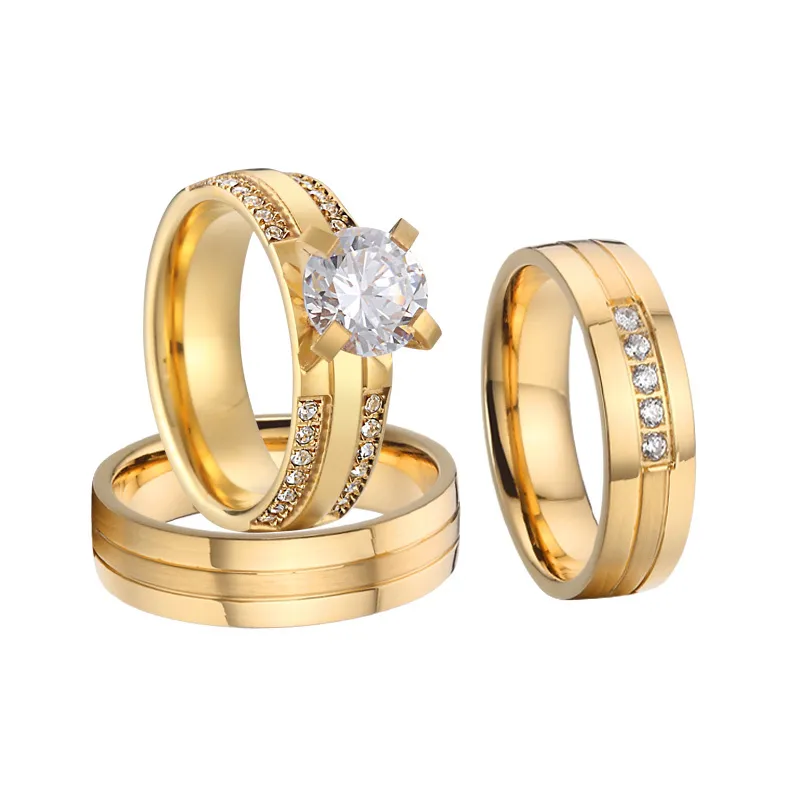 3PCS 약혼 반지 세트 CZ Moissanite 다이아몬드 여성 남성 결혼 18K 골드 도금 제안 결혼 반지 커플을위한