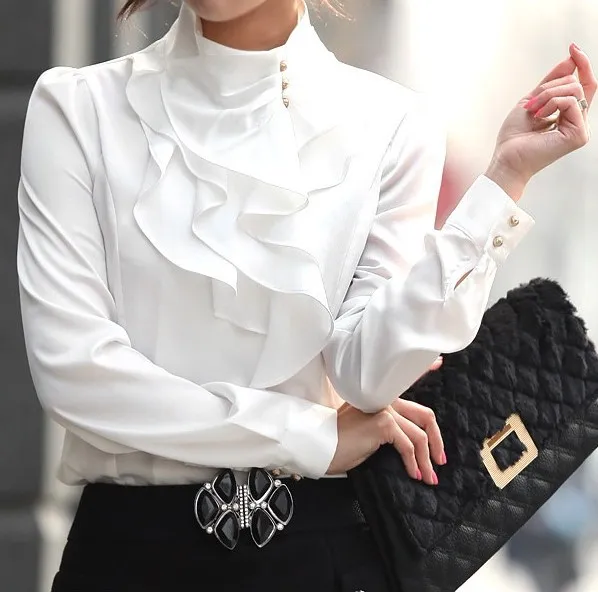 Design Women Chiffon Blouse Feminine OL Formal Ruffle Puff Sleeve Royal Satin Tops Female Long Sleeve Shirt Plus Size 3XL Woman