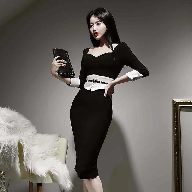 Vestidos de mujer Moda coreana Primavera Ropa elegante para trabajar Oficina Negro Blanco Empalme L piz delgado 210529