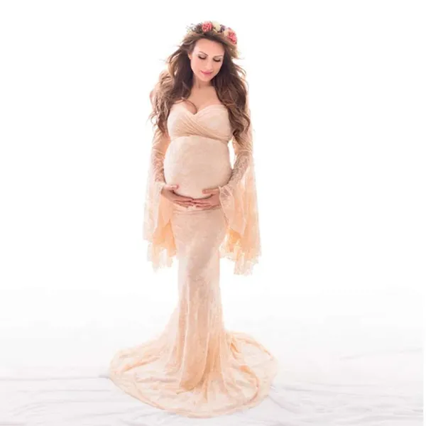 写真の長い妊娠中の女性のマキシガウンの写真小道具Q0713のためのセクシーなレースのマタニティシュートドレスフレアスリーブファンシー妊娠ドレス