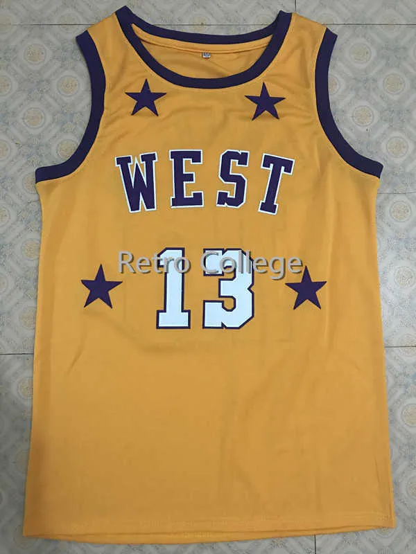 # 13 Уилт Чемберлен 1972 All Star West желтые баскетбольные майки белые темно-синие с вышивкой по индивидуальному заказу любое имя размера