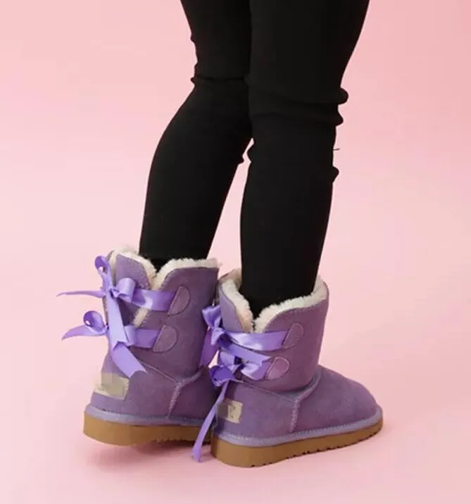 Kids Bailey 2 Bows Boots 가죽 유아 어린이 스노우 부츠 솔리드 보타 스 니브 겨울 소년 신