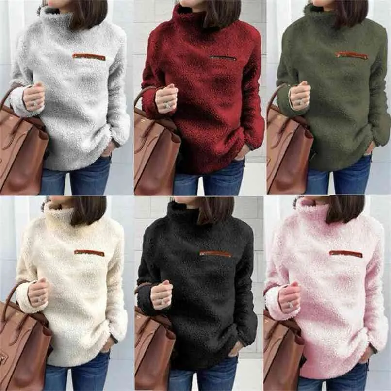 Kvinna Höst Vinter Tjockad Solid Färg Tröjor Zipper High Neck Warm Fluffy Casual Sweater Plus Size Fashion Pullover 210914