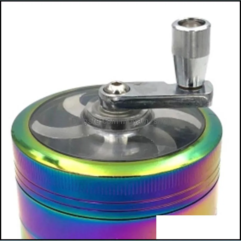 Hand Crank Rainbow Grinders Colorful Sharpstone Grinders Zinc Alloy Metal Grinder 63mm 4 Layers Dry Herb Grinders Herb Crushers BH3958