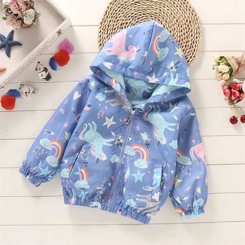 Spring Windbreaker Trench Coat For Girls: Hooded Rainbow Unicorn