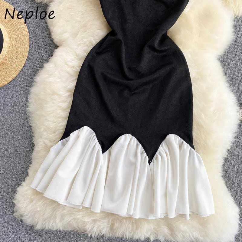 Neploe Ladies Grace Ruffled Fishtail Midi-dress Women Contrast Color Patchwork Slash Neck Robe Short Sleeve Slim Waist Vestidos Y0823
