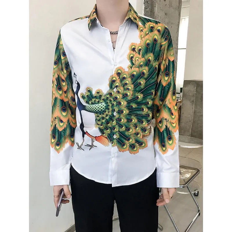 Men's Casual Shirts Luxury Men Flower Shirt Peacock Print Korean Slim Fit Social Camisa Long Sleeve Night Club Mens Button