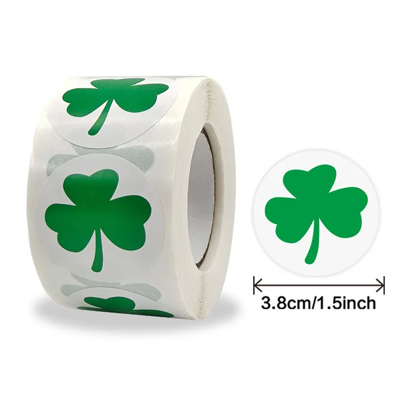 500pcs/roll St. Patrick's Day Shamrock Stickers 1.5'' Adhesive Seal Label for Envelopes Cards Gift Bags Irish Decoration JK2102XB