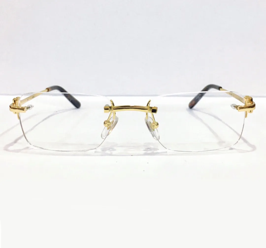 Klassisches goldfarbenes randloses Brillengestell aus Metall, 54 mm, klare Linse, optische Designer-Brillenfassungen für Herren, Brillen mit Box