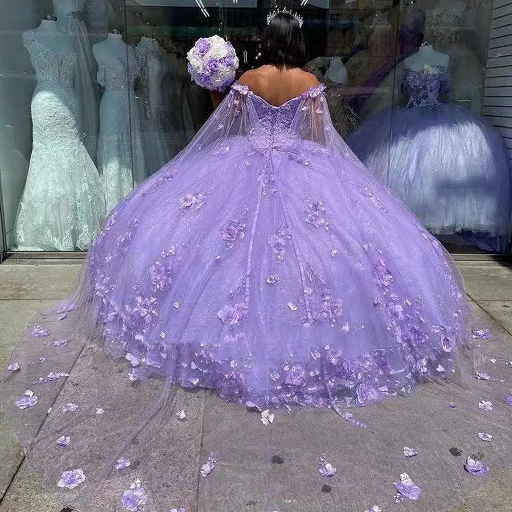 Glitter Lavender Quinceanera Sukienki Spaghetti Pasek z opakowaniem Słodki 15 suknie 2022 3D Flower Beados 16 Prom Party Wears185o