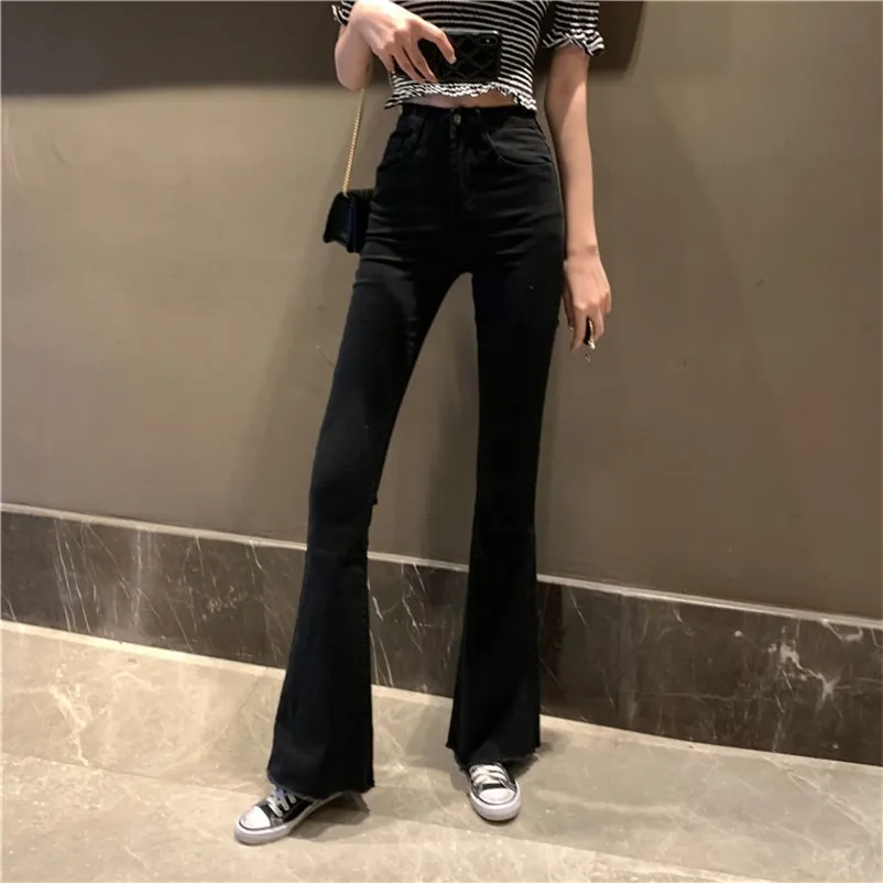 Mom Schwarz Hohe Taille Flare Jeans Freund Bell Bottom Denim Skinny Frau Weibliche Breite Bein Vintage Plus Größe XL 210629