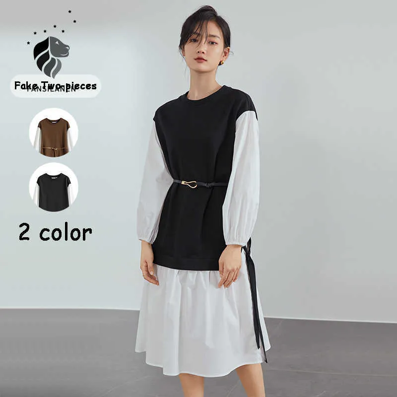 Fansilanen Fake Två Piece Spring Midi Dress Kvinnor Patchwork Casual Svart Skjorta Kvinna Bälte Bandage Lossa Elegant 210607