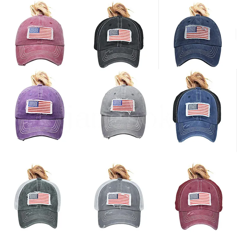 Women Hats American Flag Embroider Baseball Cap Washed Hole Net Hat Classics Ball Caps Adjustable Outdoor Sport Visor 10Colors DD064