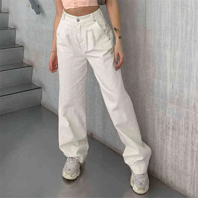 フォールバギーホワイトジーンズ女性ハイウエスト韓国インディーズ美学綿貨物パンツヴィンテージ服の底kobieta spodnie 211129