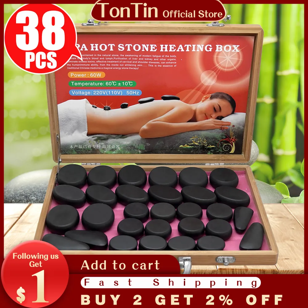 Tontin 38 pz/set pietra di massaggio del corpo pietra calda con 220 V/110 V scatola di riscaldamento di bambù Alleviare Lo Stress Mal di Schiena Assistenza Sanitaria