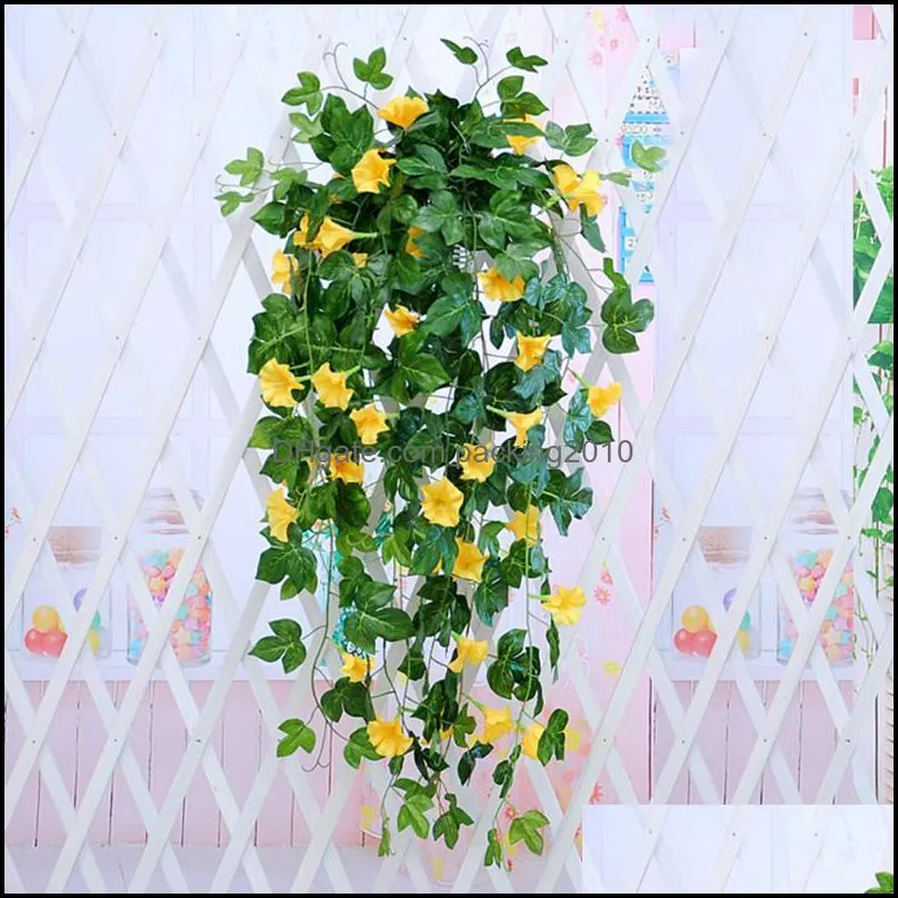 1pc Artificial Morning Glory Vine Hanging Wall Plant Garland Fake Garden Fence Window Greenery Leaf Plants Decor Decorative Flowers &