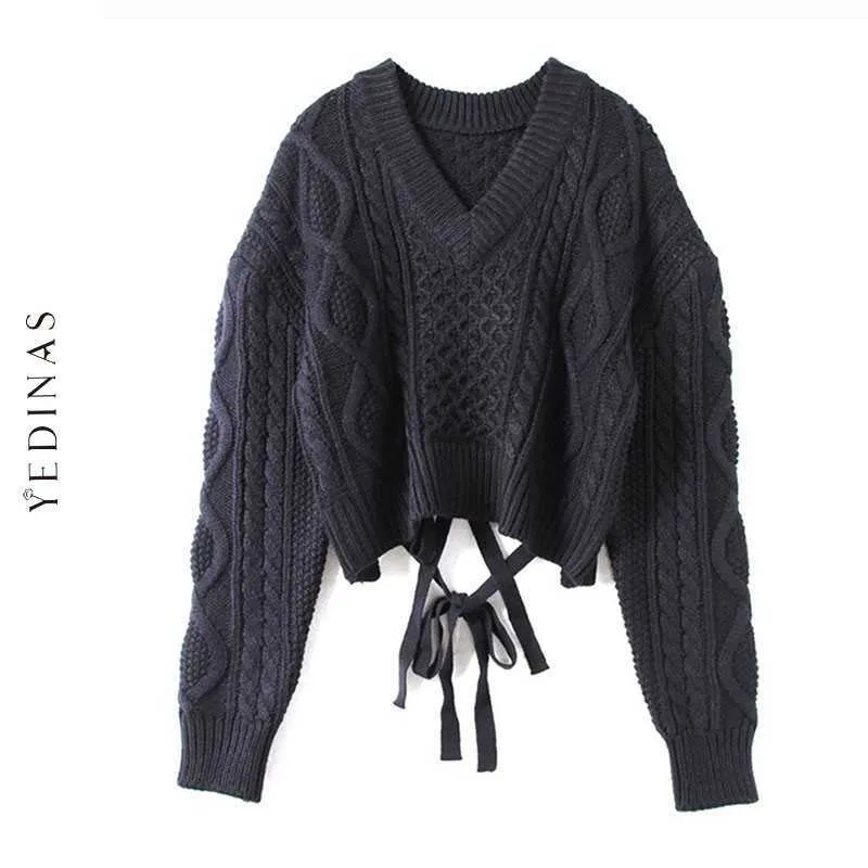 Yedinas herfst winter trui vrouwen truien en truien pull femme lange mouw lace up zwarte jumper vrouwelijke gebreide tops 210527