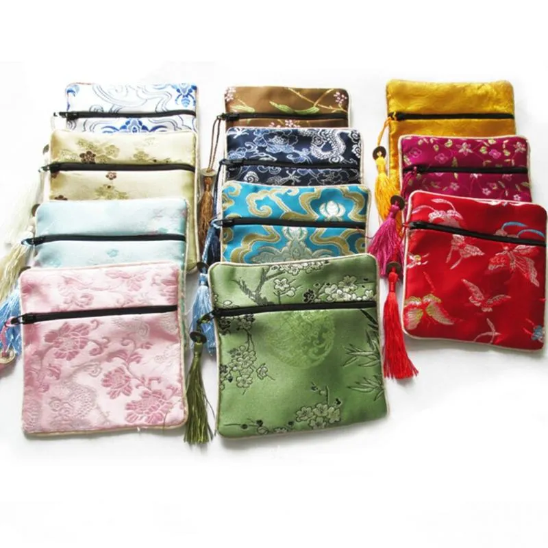 Moeda Bolsa 10 Pçs / Lot Mix Cores Pequenas Flor Borla Silk Sacos Chinês Zipper Bolsas Atacado