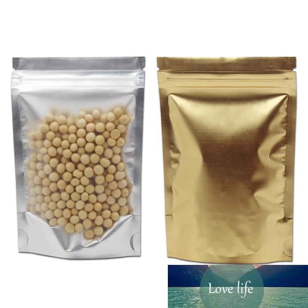 100 unids/lote de plástico transparente dorado Mylar Foil Stand Up Bag resellable Doypack Tear Notch Grip Seal bolsas de almacenamiento de alimentos
