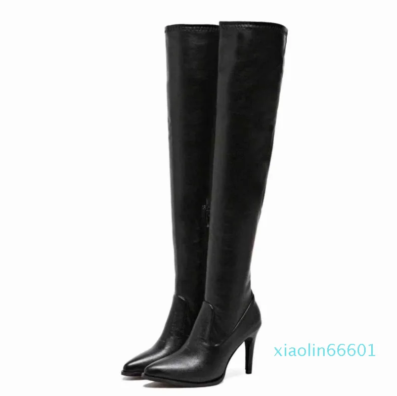 膝の上のブーツの女性の弾性黒の冬のブーツ薄いハイヒールのブーティブーツレディースセクシーな尖ったつま先の靴Botas Mujer 2022 C7QJ＃