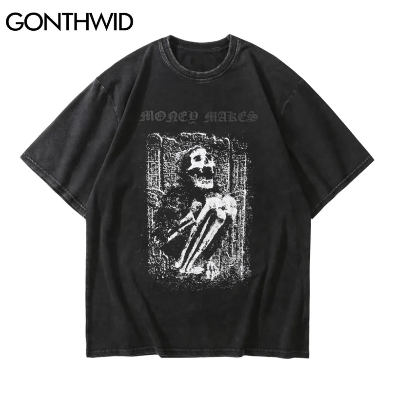 Streetwear Sıkıntılı T-Shirt Hip Hop İskelet Kafatası Kısa Kollu Tişörtleri Punk Rock Gotik Tees Gömlek Harajuku Tops 210602