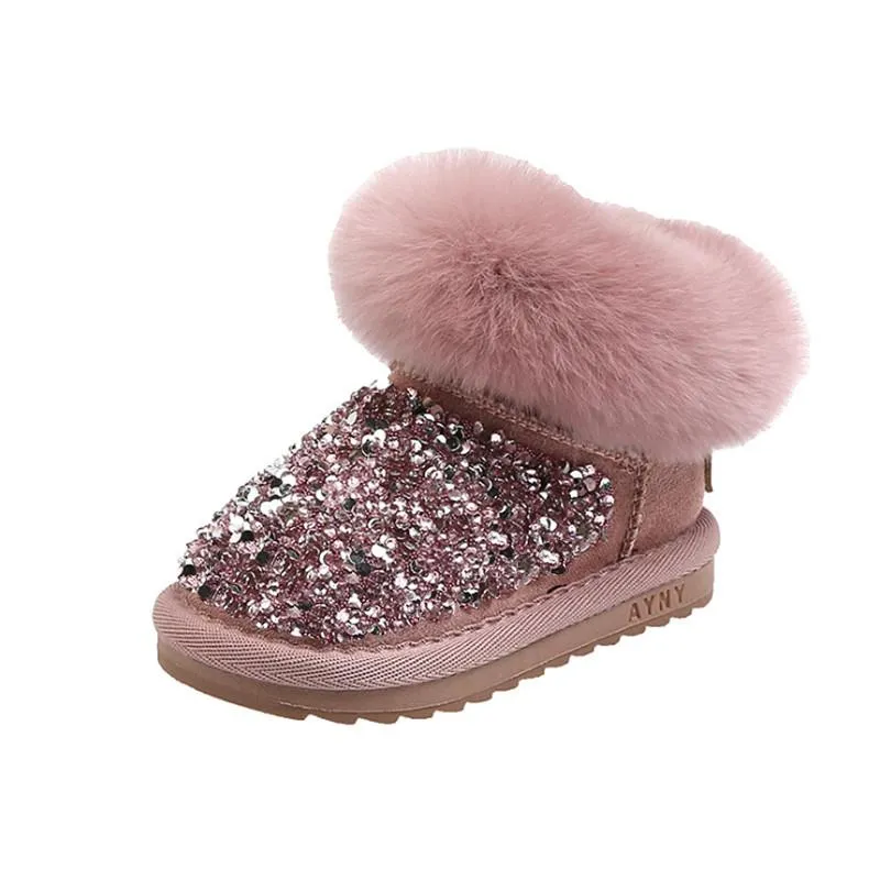 First Walkers 2021 Fashion Winter Children Snow Boots Rhinestone Warm Plush Zip Ankle Princess Little Girls Toddler Baby Shoes