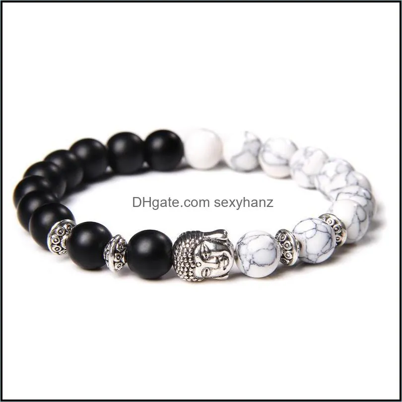 Classic Silver Color Buddha Bead Chakra Bracelet Natural Stone White Blue Turquoises Beads Stretch Prayer For Women Men Beaded,