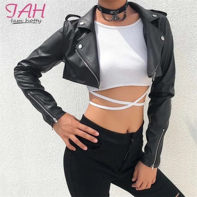 Iamty Black PU Leather Crop Jacket Street Wear Punk Style Womens Coats Long Sleeve Turn-Down Zipper Short Fashion 211025