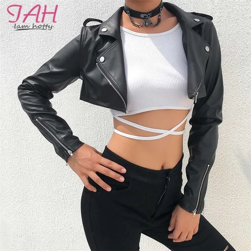 Iamty Zwart PU Leather Crop Jacket Street Wear Punk Stijl Damesjassen Lange mouwen Turn-Down Rits Korte Mode 211025