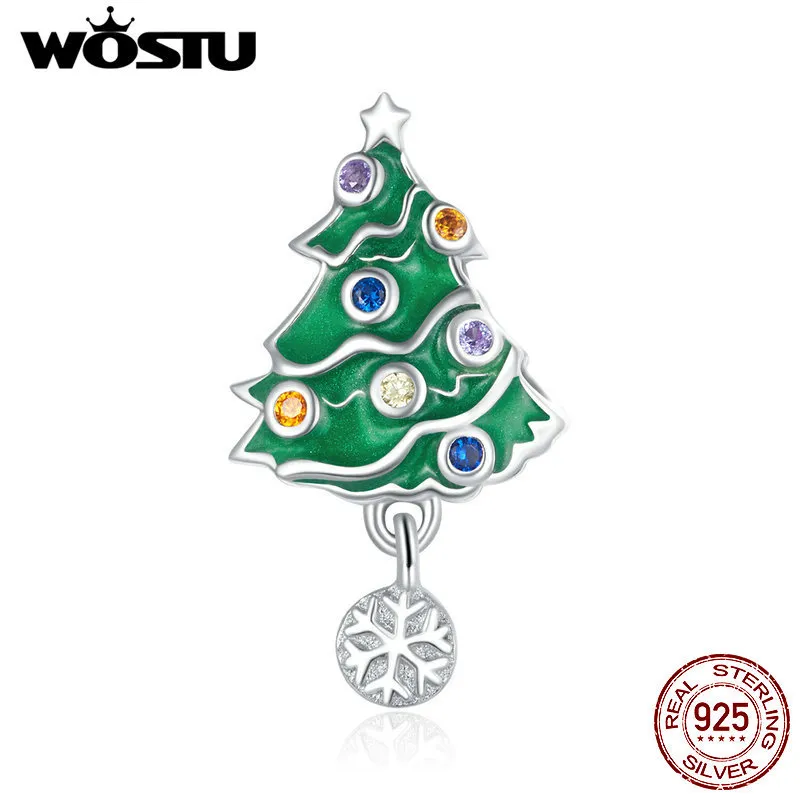 Wostu 925スターリングシルバークリスマスツリービーズカラフルなCZチャームペンダントフィットオリジナルブレスレットネックレスクリスマスジュエリーCTC374 Q0531