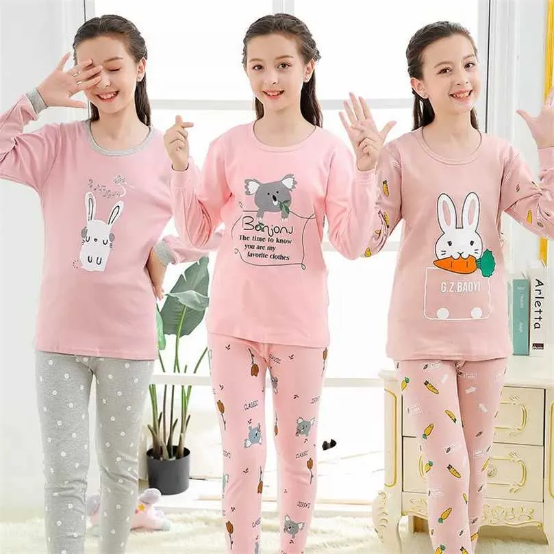 Meninas adolescentes Pijamas Outono Manga Longa Roupas Infantis Boys Sleepwear Pijamas de Algodão Conjuntos para crianças 9 10 12 14 16 16 anos 211105
