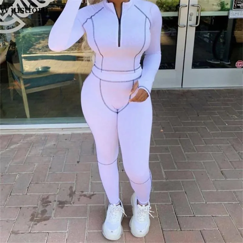 Sexy Ribbed Two Piece Set For Women Zipper Long Sleeve Top And