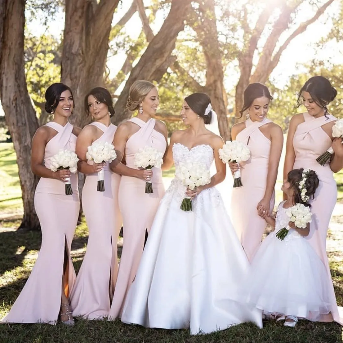 2021 Sexy Baby Pink Mermaid Bridesmaid Dresses Country Halter Long Elastic Satin For Wedding Guest Dress Maid of Honor Gowns Under 100 Front Split