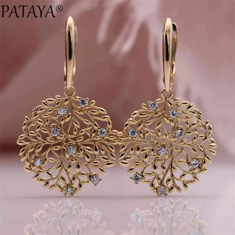 Pataya säkra träd långa örhängen 585 ros guld ihåliga unika mode smycken julklapp naturlig zircon lyx droppe örhänge 210706
