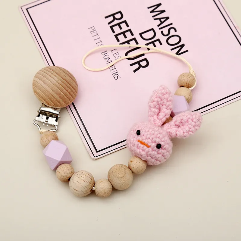 Baby Pacifier Clips beech Pacifiers Soother Cartoon rabbit woodiness Holder Beaded Clip Chain Nipple Teether Dummy Strap Chains Infant Shower Gift