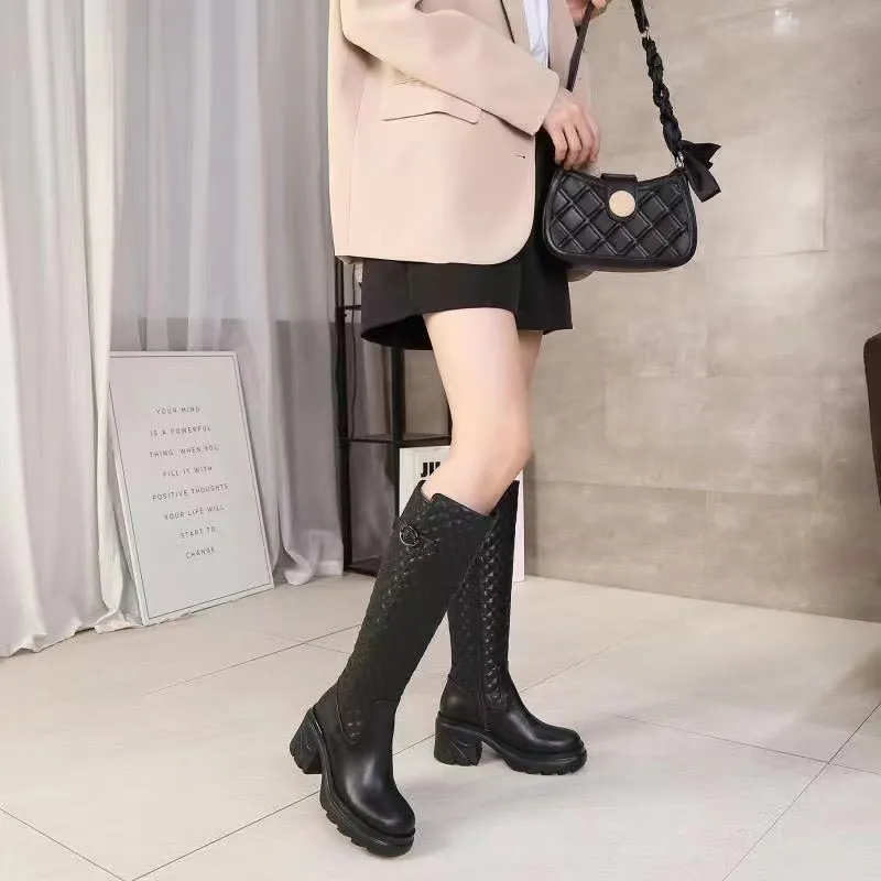 stylishbox- 2021101301T 40 black cowhide KNEE HIGH boots genuine leather classic PLATFORM 8CM CHUNKY HEELS PADDED must have
