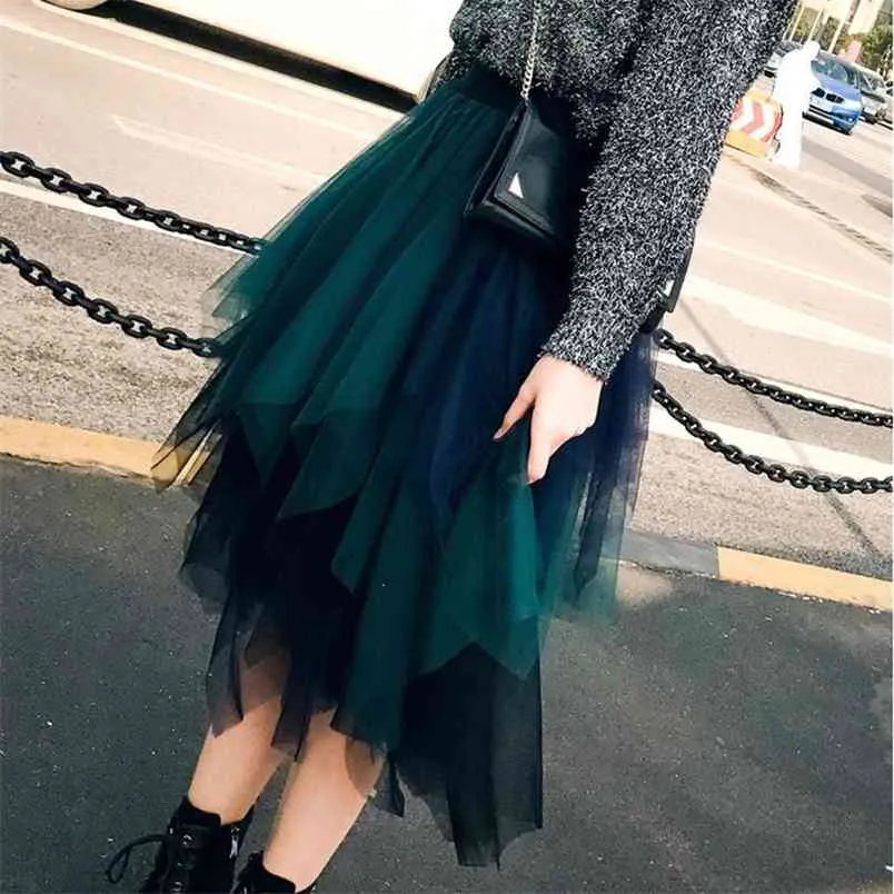 Sommar Kvinnor Mode Street Style Oregelbundet Mesh Stitching Skirt High Waist Casual Mid-Length Gratis 210527