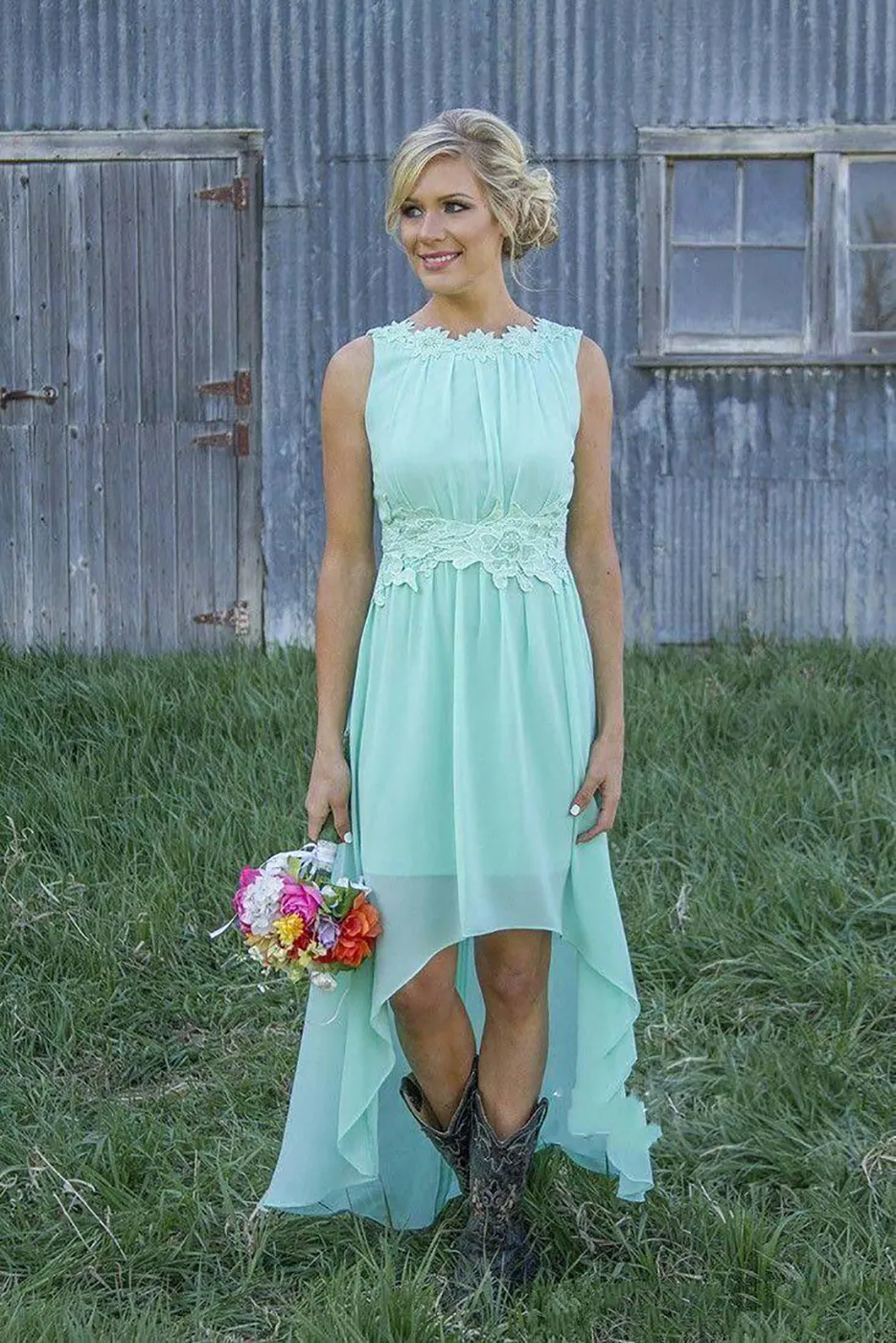 Elegant Bateau Backless High Low Chiffon Coral Mint Green Bridesmaid Dress