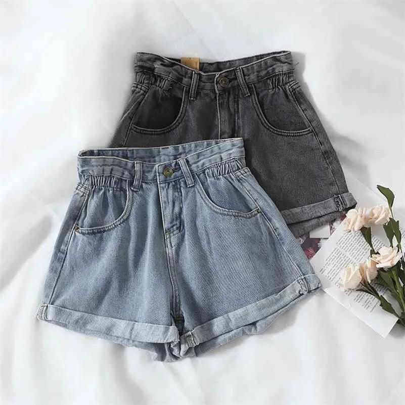 Kvinnors Denim Shorts High-Waist Kvinnor Casual Loose Ladies Fashion Stor Storlek Elastisk Midja Wide-Ben Short Jeans 210715