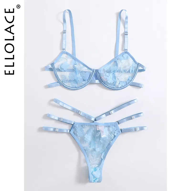 Elace Applique Lingerie Set Sky Blue Lingerie Sensual Femme Sky Blue Dentelle Dentelle Transparente Bra Set Femme 2 Pièces Sous-vêtements Femmes X0526