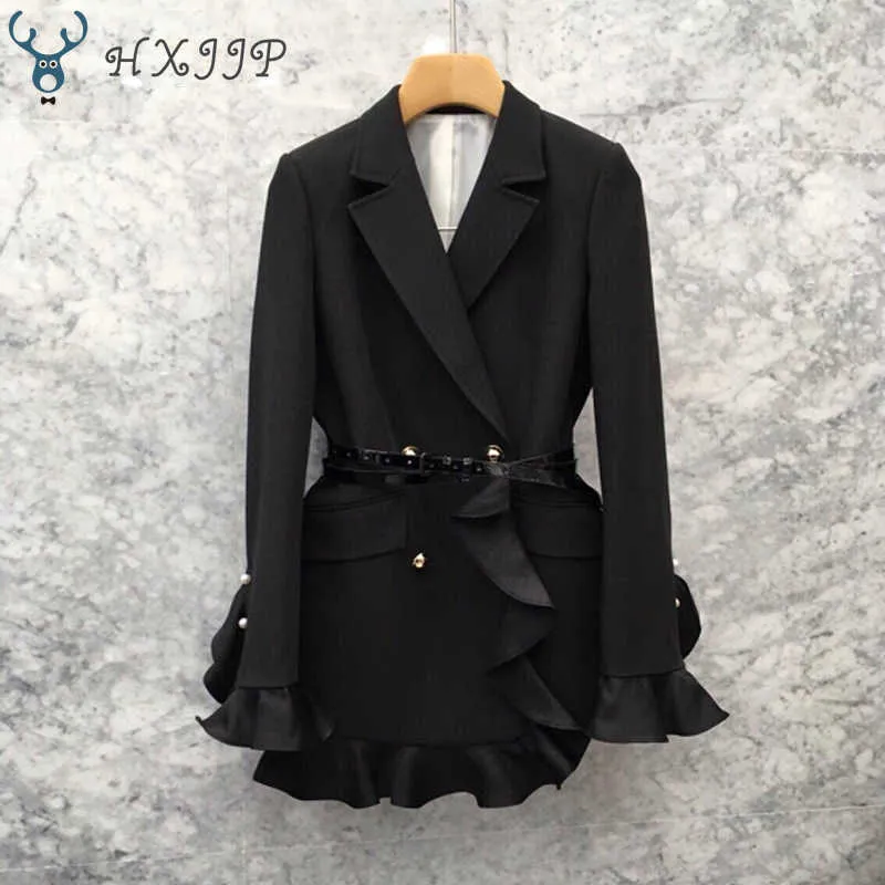 Autumn Korean Fashion Flounce Waist Women's Blazer Double-breasted High-grade Suit Jacket with Belt Female Office Lady 210607