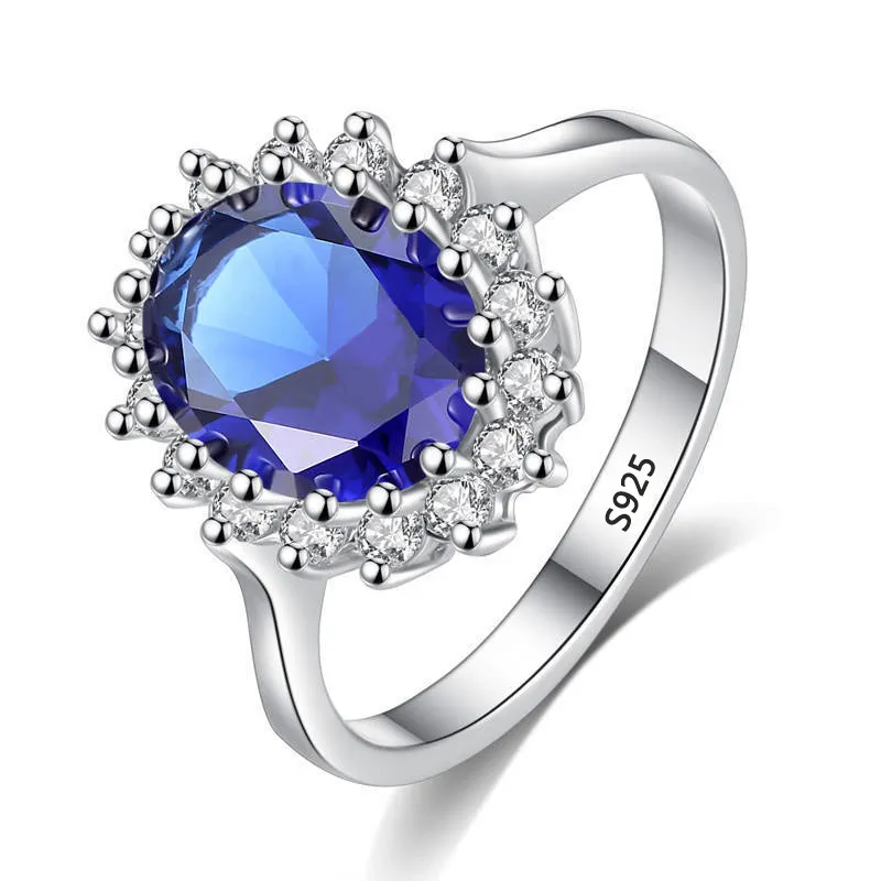 Com certificado princesa corte 3.2ct criado azul safira anel original 925 encantos de prata anéis de jóias de noivado para mulheres