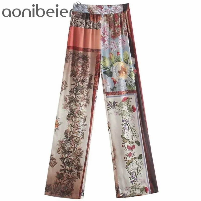 Blommor Totem Skriv ut Kvinnor Byxor Sommar Mode Höftfickor Elastisk Hög Midja Lösa Straight Pants Femme Pantalons 210604