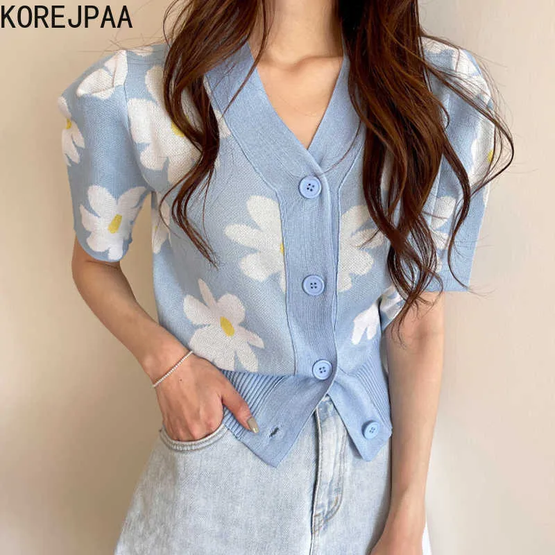 Korjpaa Kvinnor Tröja Sommar Koreansk mjukt mjölkig Mjuk V-Neck Stora Blommor Loose Single-Breasted Puff Sleeve Knit Cardigan 210526