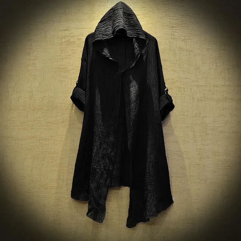 Mäns Trench Coats Hip Hop Streetwear Linne Cloak Tunna Män Long Coat 2021 Black Cardigan Spring Summer Jacket